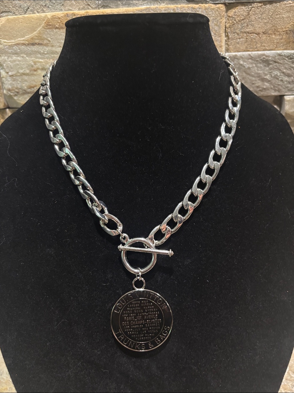 Silver Chain Toggle Necklace with LV Trunks & Bags Pendant